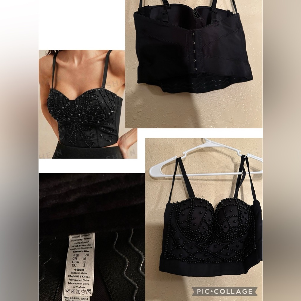 Black lace beaded cropped bustier top